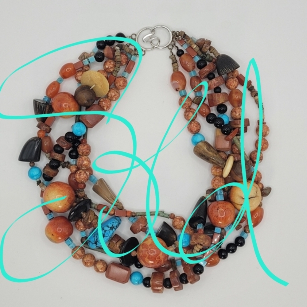 Chunky 5 Strand ALL STONE Necklace Turquoise Bamboo Coral Carnelian Agate 289g